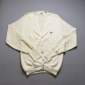 Lacoste Cardigan Mens L Cream Vintage 80s‎ Cotton Knit Button Up Made in USA
